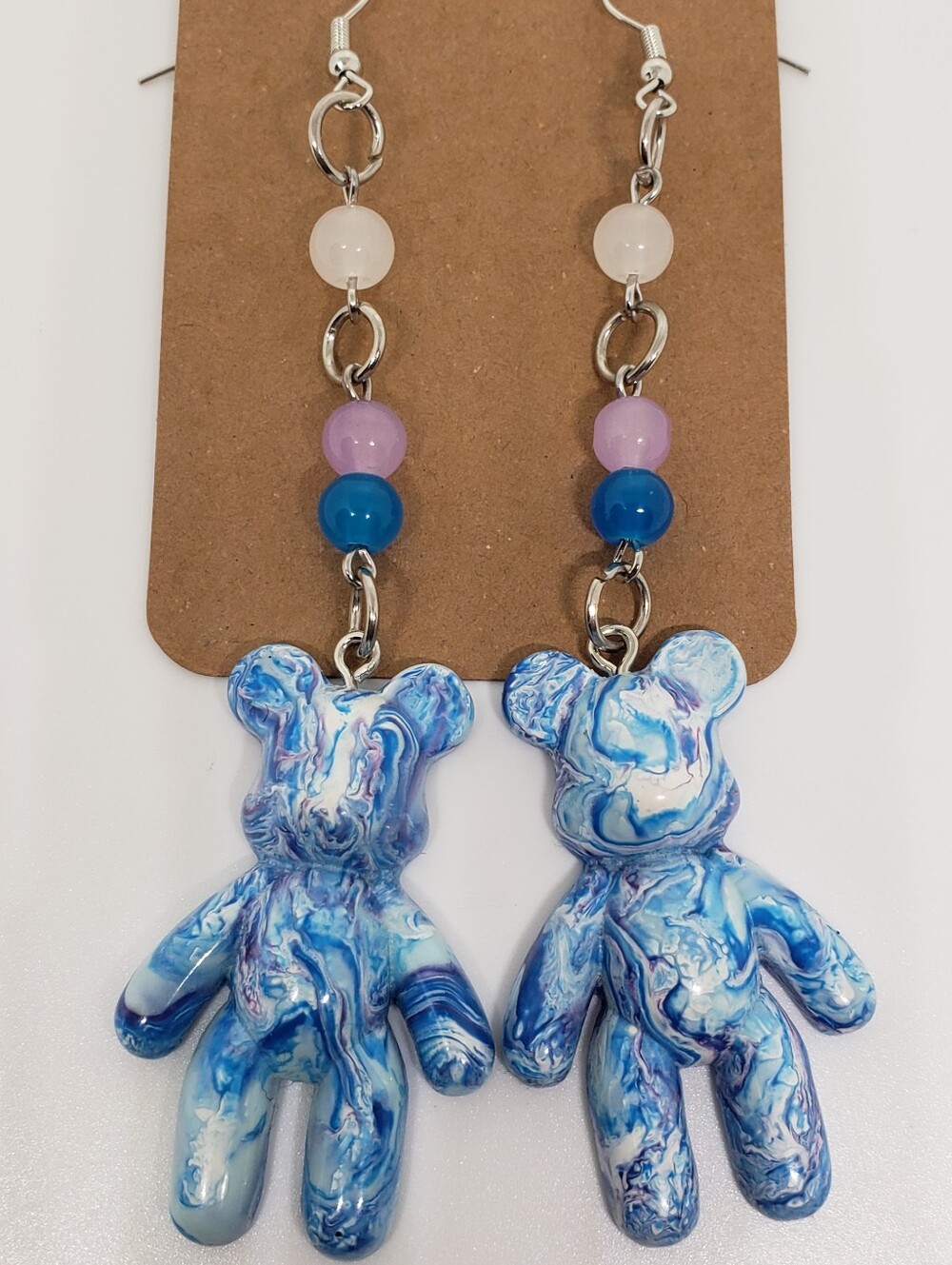 Handmade Beaded Glass Blue Purple White Tie Dye Teddy Bear Earrings